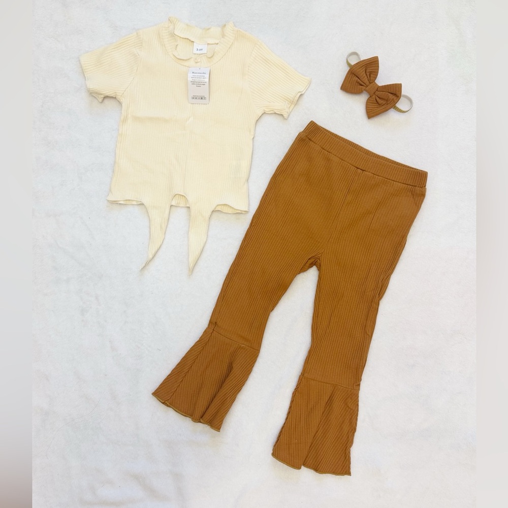 NWT Cream Top and High Waisted Brown Flared Pants Set 3-4T